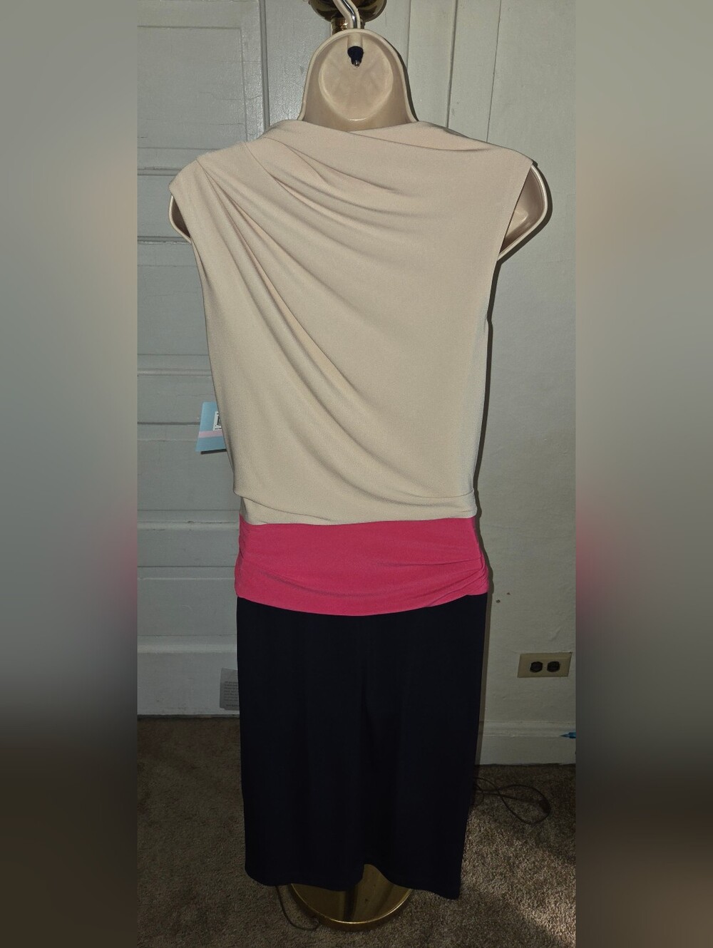 Suzi Chin for Maggy Boutique Cream, Pink and Black Draped Mini Dress - Picture 5 of 11